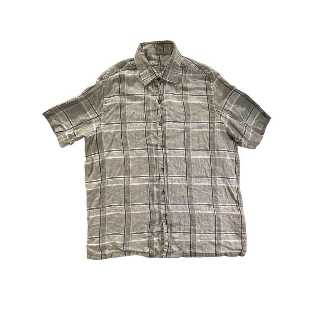 Tasso Elba Mens Linen Shirt Large 16 16.5 Plaid Short Sleeve Button Up